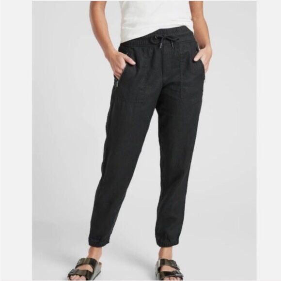 Athleta Cabo Linen Jogger Black Pants Zipper Pockets Size 0 - Picture 1 of 9